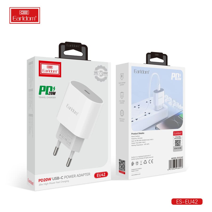  شاحن  USB Type-C  Earldom ، قدرة 18 واط، اللون الأبيض